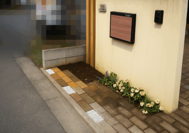 さいたま市北浦和｜大雨による砂利の流出を解消！ピンコロ石で囲む、すっきり安全な玄関前花壇