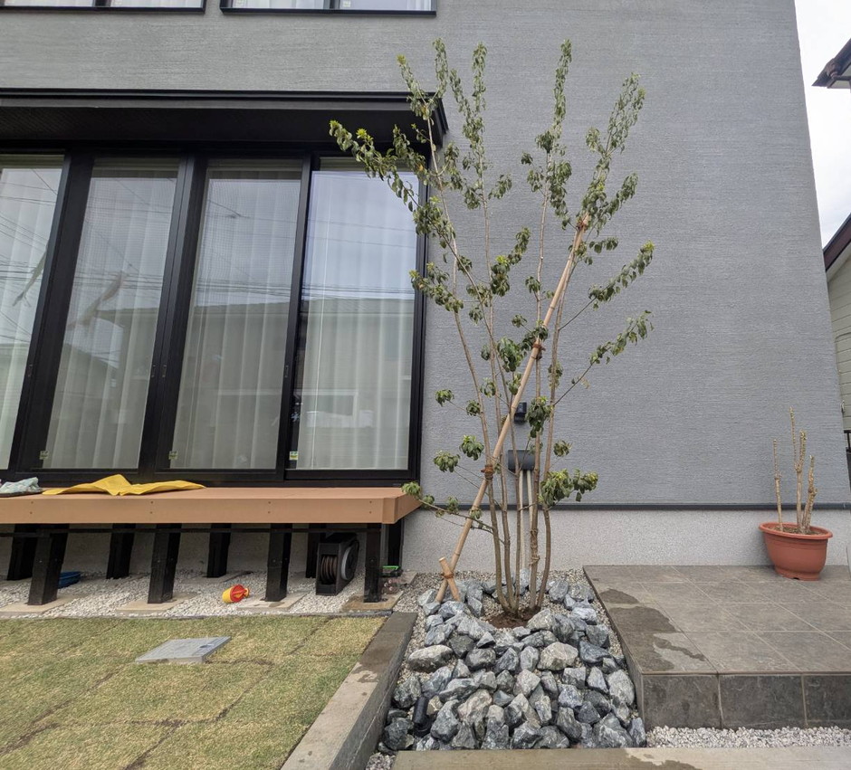 埼玉県川口市の施工事例|シンボルツリーと白系割栗石の植栽帯、木調デッキ